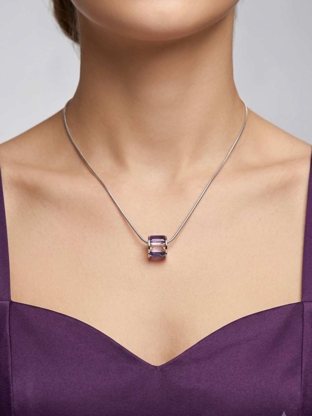 Multicolor Slider Pendant Necklace | Purple Crystal Silver Tone Snake Chain
